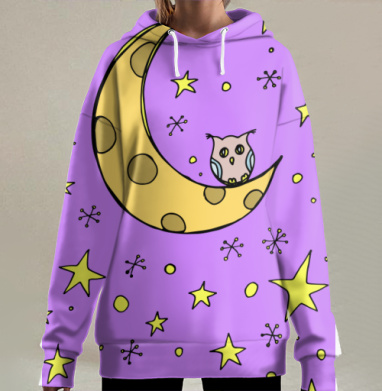Сова сидящая на луне в ночной ночной, Hoodie Long Oversize 3D
