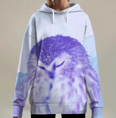 Уютная сова в фиолетово-синих тонах с эффектом мерцания, Hoodie Long Oversize 3D