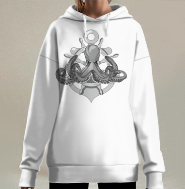 Морской осьминог с штурвалом якорем власти, Hoodie Long Oversize 3D