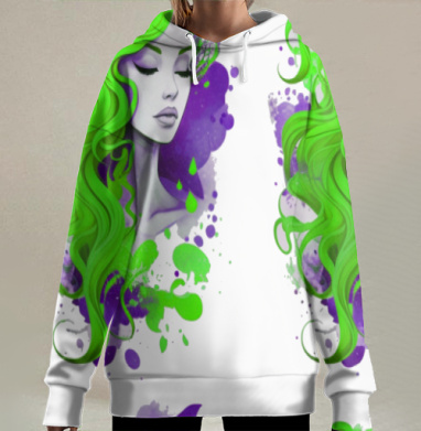 Женский портрет с зелеными волосами и фиолетовыми акцентами, Hoodie Long Oversize 3D