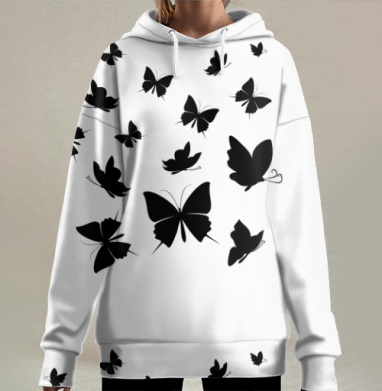 Черные бабочки на сером фоне разлетаются свободно, Hoodie Long Oversize 3D