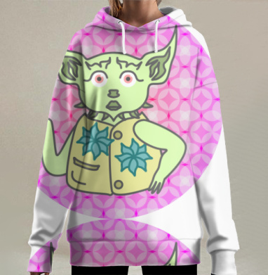Гремлин в жилете на розовом фоне абстрактом фоне, Hoodie Long Oversize 3D
