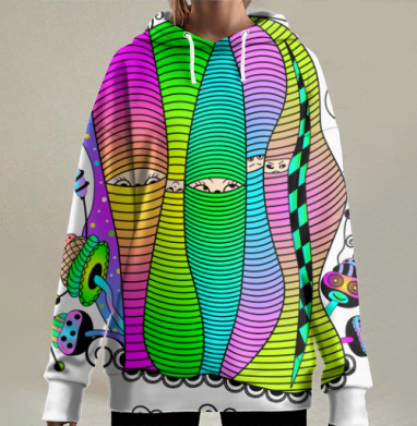 Яркие цветные фигуры в полосатых оболочках мистической сцены, Hoodie Long Oversize 3D