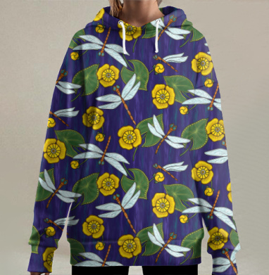 Узор с живописными стрекозами и кувшинками, Hoodie Long Oversize 3D