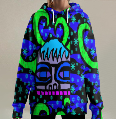 Неоновая маска зелёная зимой синяя снежинки, Hoodie Long Oversize 3D