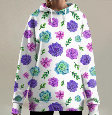 Акварельный узор с яркими суккулентами и листьями, Hoodie Long Oversize 3D