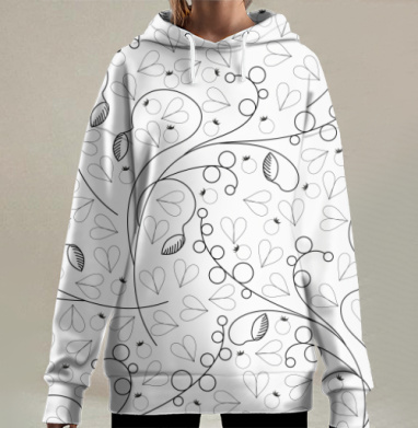 Черно серые плавно изгибающиеся листья ягоды, Hoodie Long Oversize 3D
