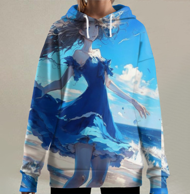 Девушка в голубом платье на берегу моря для девушек, Hoodie Long Oversize 3D