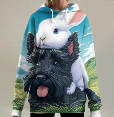 Дружба белого кролика и черного терьера на фоне летнего пейзажа, Hoodie Long Oversize 3D