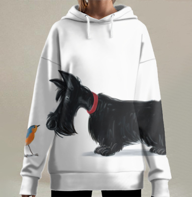 Внимательный любознательный Скотч терьер малиновка, Hoodie Long Oversize 3D