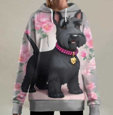 Очаровательный черный шотландский терьер среди розовые цветы, Hoodie Long Oversize 3D