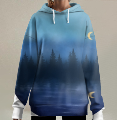 Ночная гавань со светящимся луной и тишиной у воды, Hoodie Long Oversize 3D