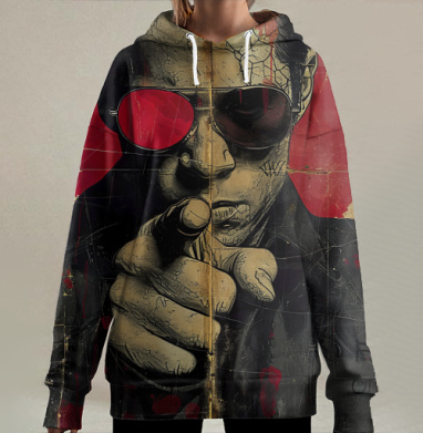 Мужчина в красных очках указывает на тебя с вызовом и силой, Hoodie Long Oversize 3D
