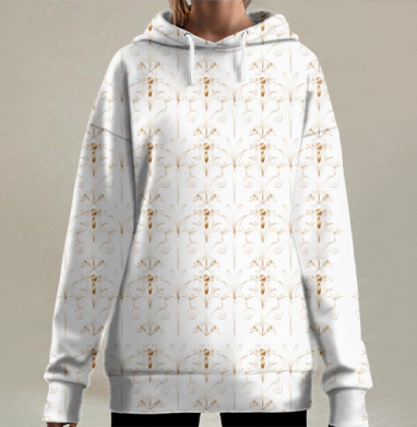 Золотистые цветы на сером фоне для утончённого интерьера, Hoodie Long Oversize 3D