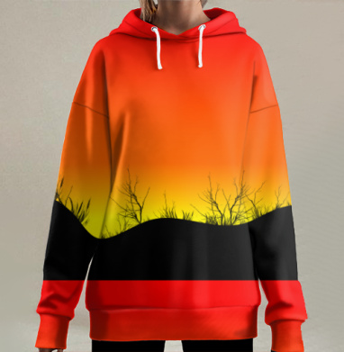 Закатный переход черная трава желтый красный, Hoodie Long Oversize 3D