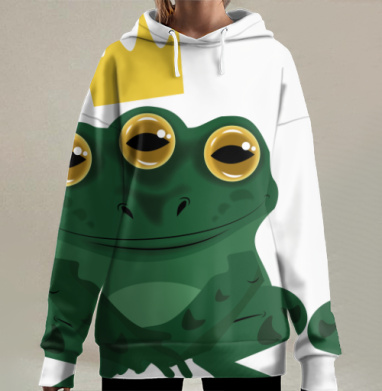 Зелёная трёхглазая жаба с короной спокойным серым фоне, Hoodie Long Oversize 3D