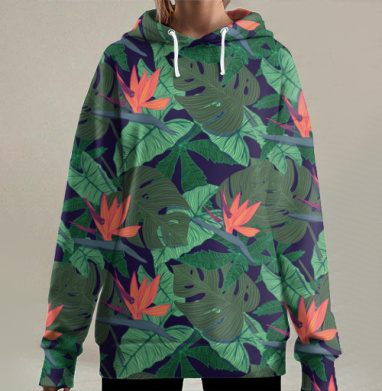 Тропический паттерн с пышной зеленью и цветами, Hoodie Long Oversize 3D