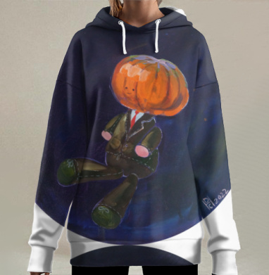 Счастливая тыква в костюме парит в глубокой синей ночи, Hoodie Long Oversize 3D