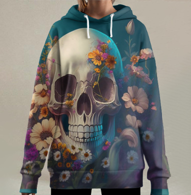 Череп с цветами и мягкой улыбкой на изумрудном фоне, Hoodie Long Oversize 3D