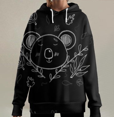 Умиротворённый медведь в окружении листьев на чёрном фоне, Hoodie Long Oversize 3D