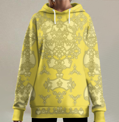 Тонкие орнаменты на желтом фоне тонкой линии, Hoodie Long Oversize 3D