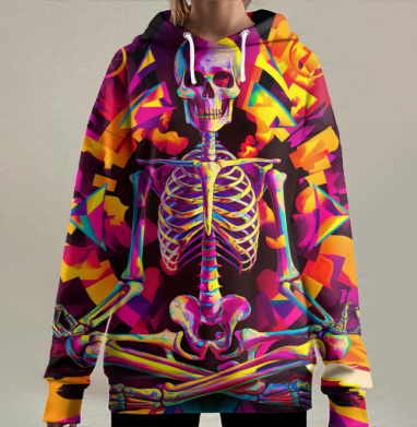 Скелет в медитации с яркими неоновыми цветами, Hoodie Long Oversize 3D