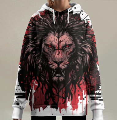 Могучий агрессивный лев с красными брызгами в конце, Hoodie Long Oversize 3D