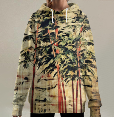 Элегантные красно-зеленые бамбуки на ткани, Hoodie Long Oversize 3D