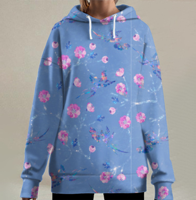 Удивительные живописные акварельные мотивы Колибри розовые цветы, Hoodie Long Oversize 3D