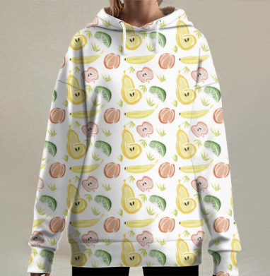 Сочные свежие фрукты яблоки бананы кокосы, Hoodie Long Oversize 3D