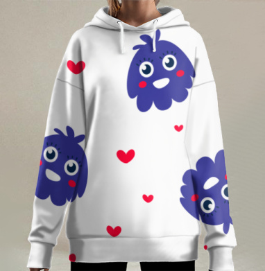Влюбленная синяя тучка с сердечками на сером фоне, Hoodie Long Oversize 3D