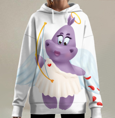 Фиолетовый бегемот ангел целится любвеобильный характер, Hoodie Long Oversize 3D