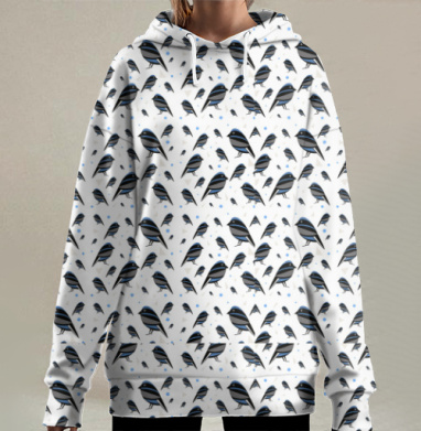 Синие маленькие птицы спокойствие и красота природы, Hoodie Long Oversize 3D