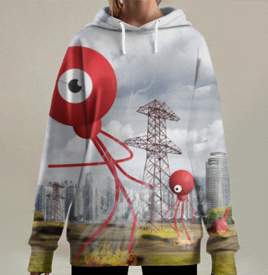 Уверенно оставляющие огненный след на поле одноглазые красные монстры, Hoodie Long Oversize 3D