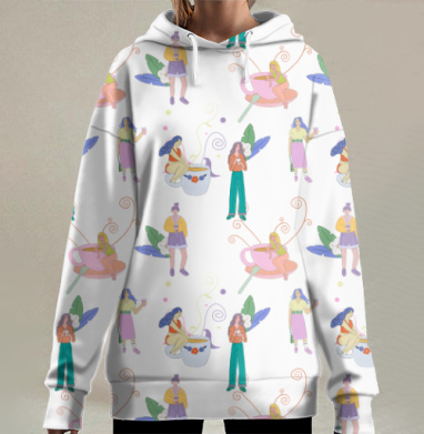 Женщина с чашкой в спокойном настроении бирюзовые штаны, Hoodie Long Oversize 3D