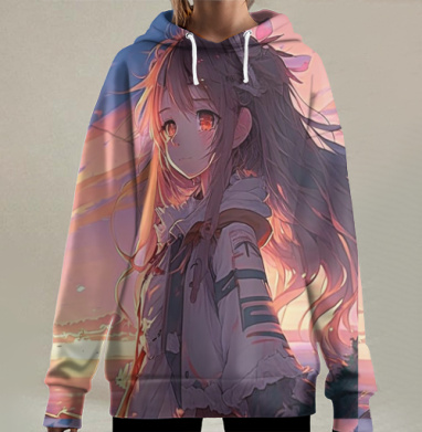 Мечтательная девушка встречает рассвет розово оранжевый свет, Hoodie Long Oversize 3D