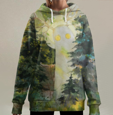 Мистический Лесной Дух в Акварели, Hoodie Long Oversize 3D