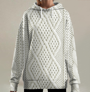 Вязанный белый узор, Hoodie Long Oversize 3D