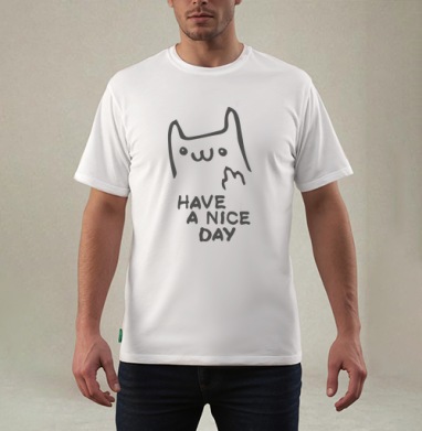 Игривый кот с надписью HAVE A NICE DAY, Футболка мужская REGULAR белая