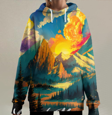 Рассветные горы с извержением вулкана Доброе утро, Hoodie Long Oversize 3D