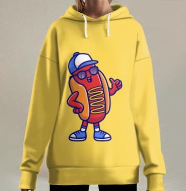 Весёлый хот дог с кепкой и очками на желтом фоне, Hoodie Long Oversize 3D