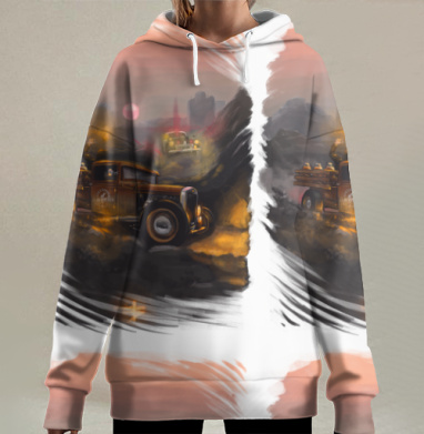 Ретро грузовик с гонкой в сумерках свобода приключений закат, Hoodie Long Oversize 3D