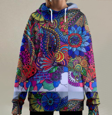 Яркий узор с синими и красными цветами переплетение форм живые цвета, Hoodie Long Oversize 3D