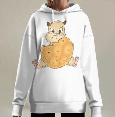 Милый хомяк с огромным печеньем в руках с юмором, Hoodie Long Oversize 3D