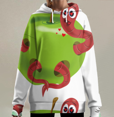 Зелёное яблоко с влюблёнными червяками любви, Hoodie Long Oversize 3D