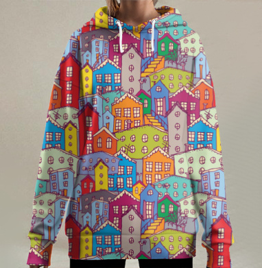 Яркий бесшовный узор с уютными домиками, Hoodie Long Oversize 3D