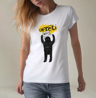 Забавный йети с поднятыми руками и надписью oh Yeti, Футболка женская белая 180гр