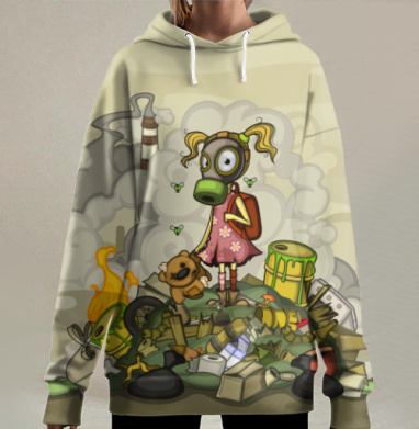 Девочка с противогазом на мусорной горе, Hoodie Long Oversize 3D