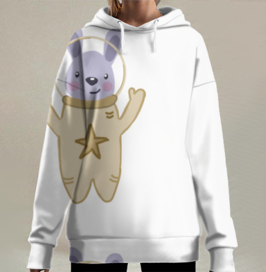 Милый космонавт заяц приветствие в космосе, Hoodie Long Oversize 3D