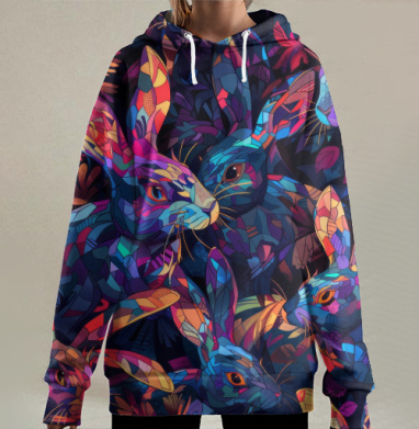 Лесные зайцы с ярко мозаичной раскраской синие пурпурные оранжевые, Hoodie Long Oversize 3D